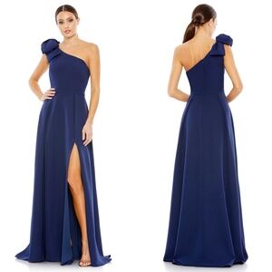 NEW IEENA For Mac Duggal NAVY One Shoulder BOW ACCENT High Slit A LINE GOWN 8